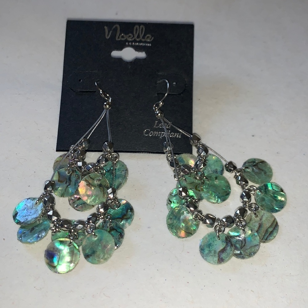 Abalone disk earrings, silver toned hardware, new